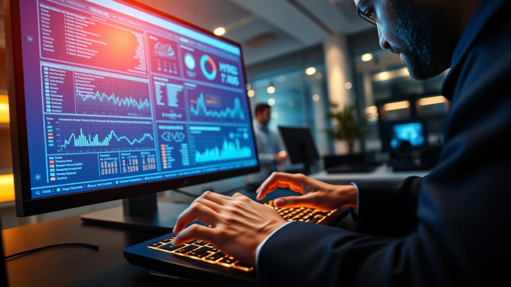 Person typing on a keyboard in front of a computer displaying various data analytics and graphs.