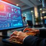 Person typing on a keyboard in front of a computer displaying various data analytics and graphs.