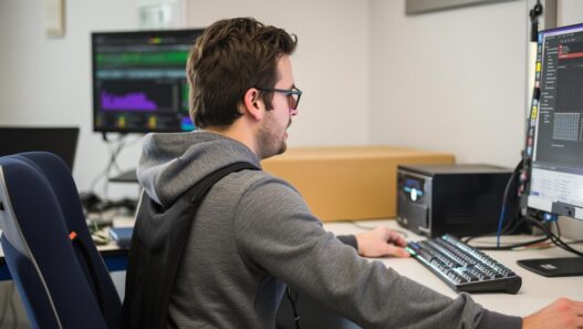 Individual seated at a computer desk, focused on the screen with a keyboard and monitor in view.