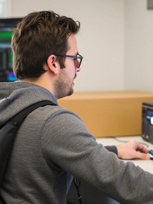 Individual seated at a computer desk, focused on the screen with a keyboard and monitor in view.