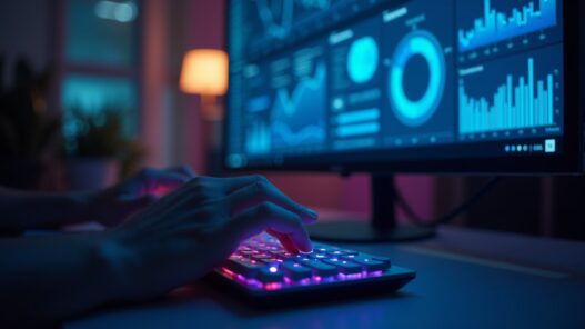Person's hands typing on a backlit keyboard in front of a monitor displaying data visualizations and graphs.