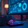 Person's hands typing on a backlit keyboard in front of a monitor displaying data visualizations and graphs.