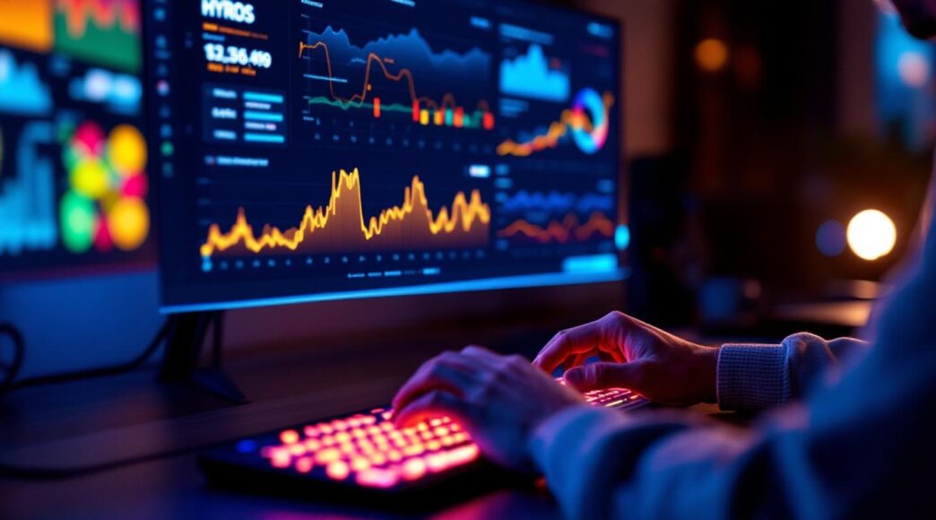 Individual using a backlit keyboard while analyzing data visualizations on a computer screen.