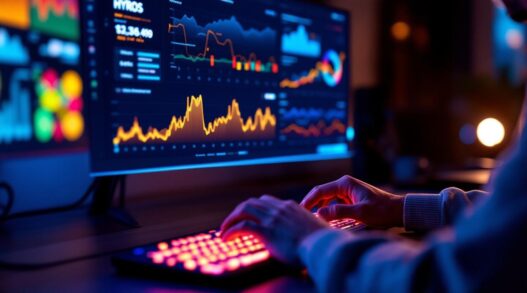 Individual using a backlit keyboard while analyzing data visualizations on a computer screen.