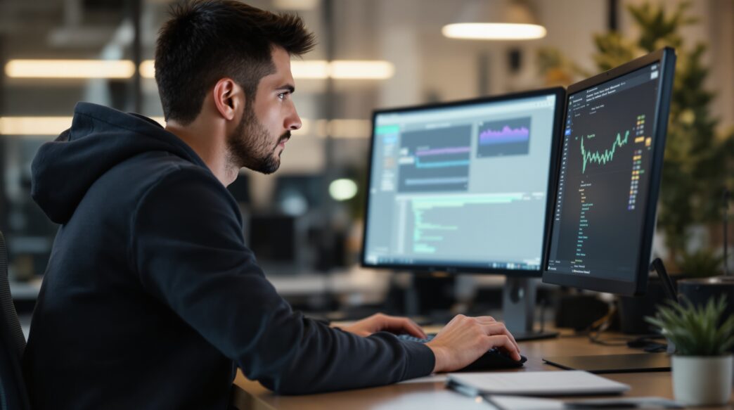 A man focused on dual computer screens displaying data and programming code in an office environment.