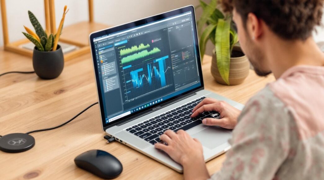 Individual typing on a laptop displaying data analysis software on a wooden desk.