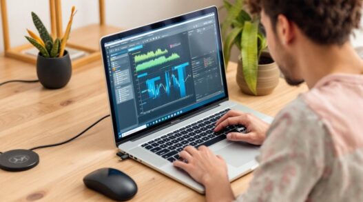 Individual typing on a laptop displaying data analysis software on a wooden desk.