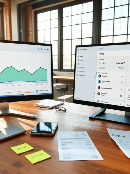 Two computer monitors displaying analytics data and a laptop on a wooden desk with notes and a phone.