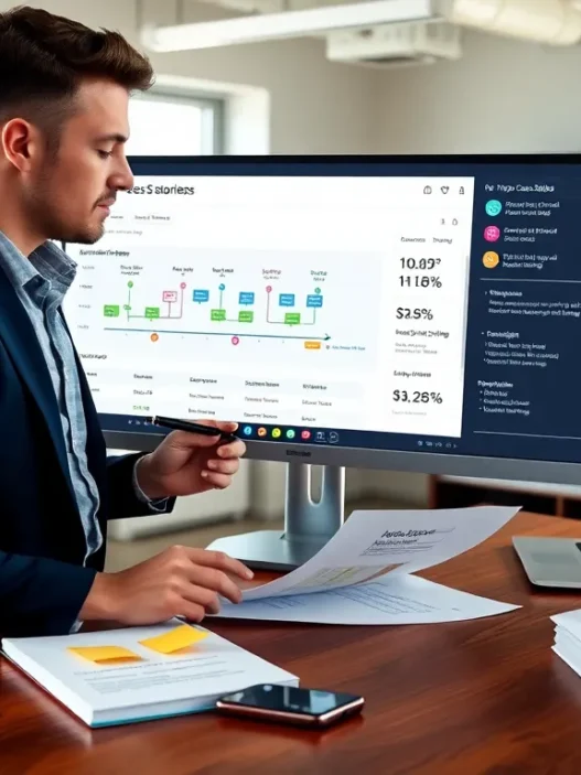 A marketer analyzing data on a computer screen with printed reports on a desk.