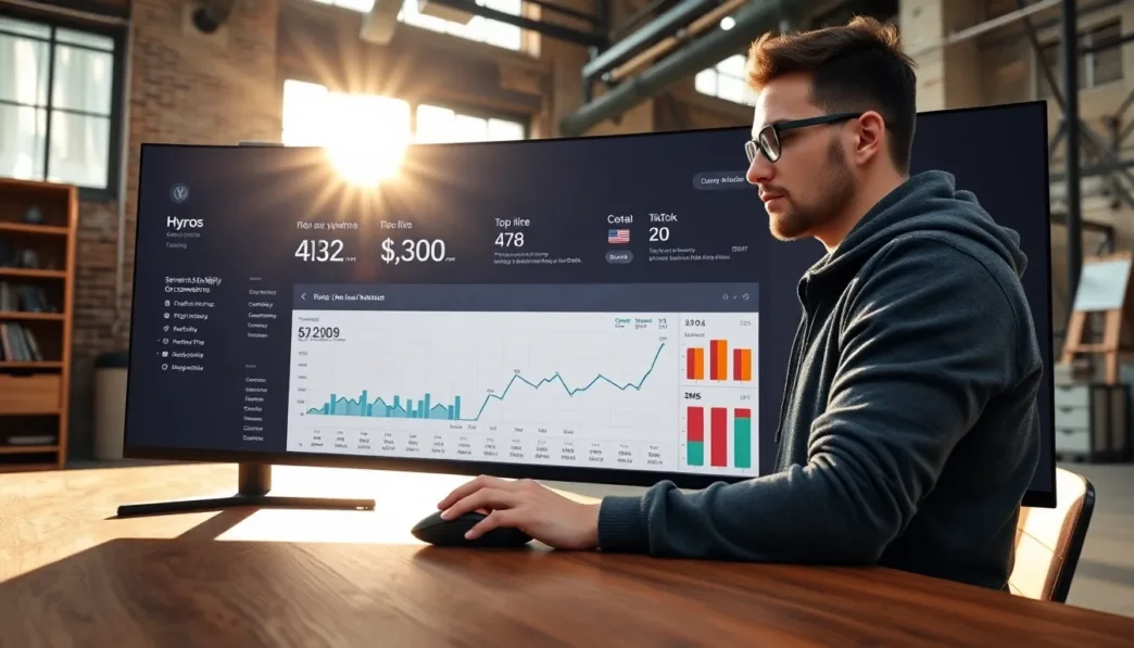 Individual analyzing the Hyros ecommerce attribution dashboard on a large curved monitor.