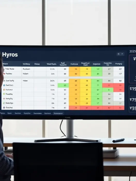 Person viewing a monitor displaying a heatmap and pricing data for Hyros alternatives.