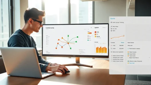 Person analyzing the Hyros multi-channel tracking dashboard on a computer screen in an office setting.