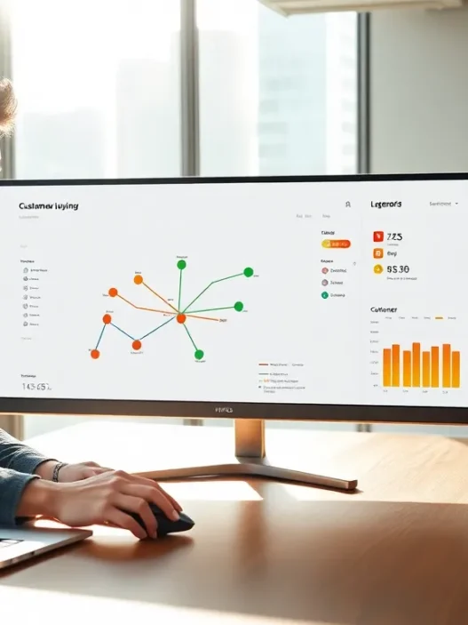 Person analyzing the Hyros multi-channel tracking dashboard on a computer screen in an office setting.