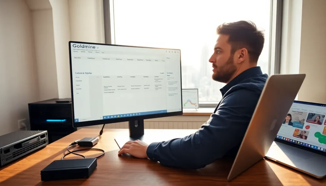 Man using Goldmine CRM software on a desktop computer in an office setting.