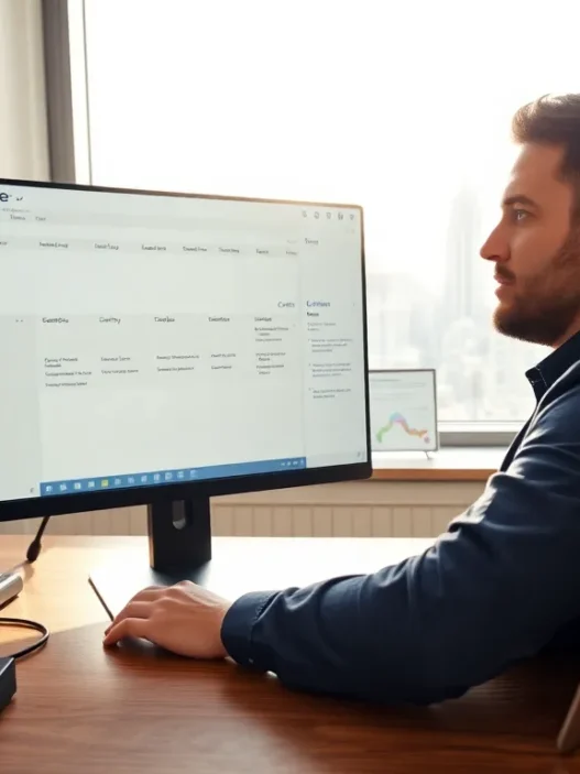 Man using Goldmine CRM software on a desktop computer in an office setting.